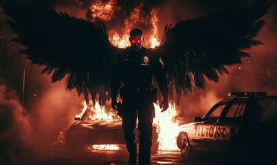 Poster - A police officer with wings stands over burning cars.