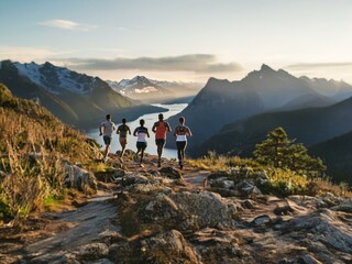 Poster - Five people run along a mountain trail overlooking a lake, the sun shines on the mountain peaks.