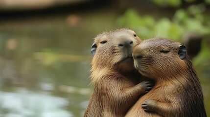 Wall Mural - Two capybaras cuddling in a loving embrace.