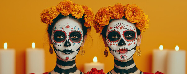 Cultural celebration with two women in traditional Day of Dead face paint, adorned with marigold flowers and surrounded by candles, creating vibrant and festive atmosphere