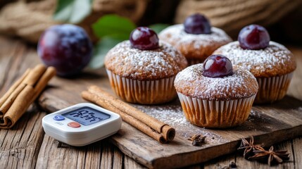 Glucose meter, muffins, cinnamon on wood: diabetes, dessert, sugar measurement