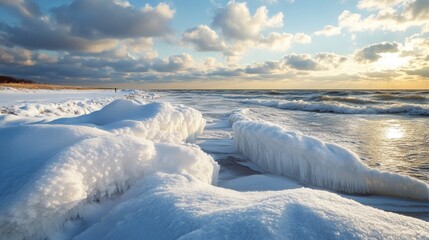 Sticker - Frozen Coastal Landscape with Icicles and Waves at Sunset