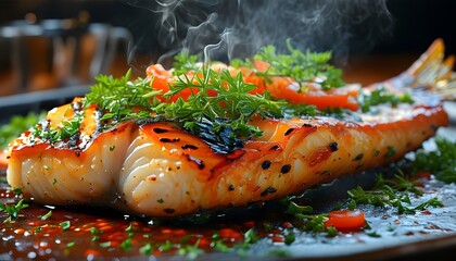 Wall Mural - Deliciously Grilled Dorado Fish Platter with Aromatic Herbs and Lemon Garnish