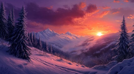 Sticker - Snow-Capped Mountains at Sunset with a Misty Valley and Evergreen Trees