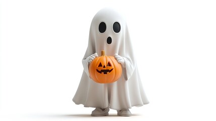 A young child in a ghost costume embraces the spirit of Halloween, holding a cheerful pumpkin with a delightful grin and sparkling eyes tightly.