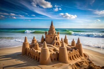 Sticker - Sandcastle on beach with waves and blue sky in background