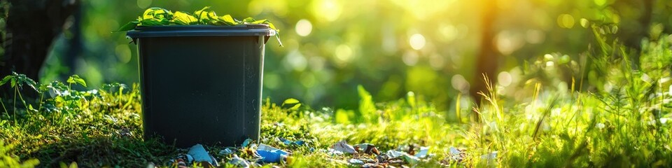 Wall Mural - garbage can on the background of green nature. Selective focus