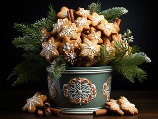 Wall Mural - Outstanding Gingerbread in the shape of a christmas tree and cookies in a wicker plate