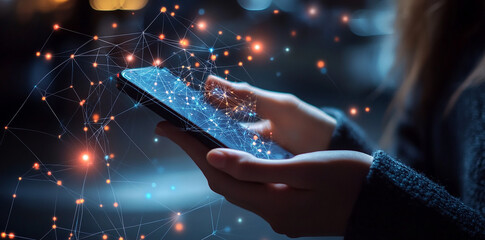 hands holding a smartphone and typing on a mobile phone with a network connection, a technology concept background for business