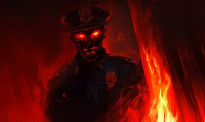 Poster - Demonic police officer with glowing eyes.