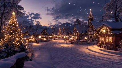 Poster - Snowy Village Street with Christmas Lights and a Starry Night Sky