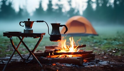 Wall Mural - Cozy camping scene with coffee pot over fire, tent, and folding chair set against a misty morning backdrop