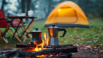 Wall Mural - Cozy camping scene with coffee pot over fire, tent, and folding chair set against a misty morning backdrop