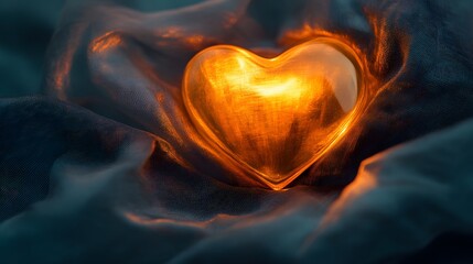 Glowing Glass Heart on Dark Fabric