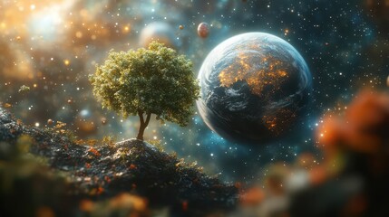 Wall Mural - majestic earth floating in starry cosmos lush forests and oceans teem with life delicate tree saplin