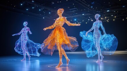 Poster - Virtual fashion show with AI-generated models and shifting digital fabrics, futuristic fashion, avant-garde digital