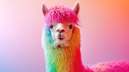 Wall Mural - Vibrant Alpaca Wonderland: A Cheerful Rainbow-Coated Alpaca with Bold Pink Hair Against a Pastel Sky – Perfect for Brightening Up Your Sports Room Poster!