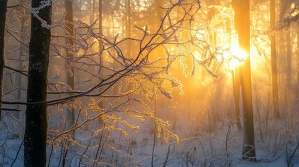 Wall Mural - Frosty Tree Branches in Golden Sunlight at Sunset in a Winter Forest