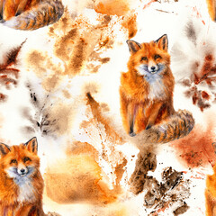 Seamless Autumn Fox Watercolor Pattern