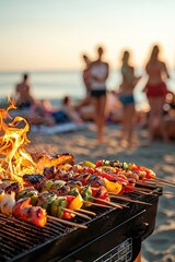 Wall Mural - meat on the grill on the background of the beach. Selective focus