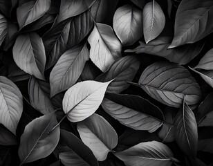 Wall Mural - Black background. Background from autumn fallen leaves closeup. Black and white photo.