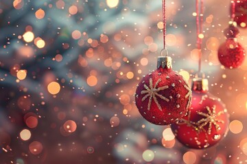 Wall Mural - glittering red christmas ornaments in soft focus bokeh