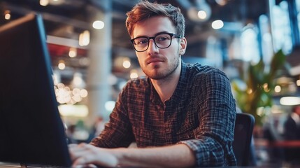 Young professional with computer in office, encompassing business, tech, education, and human concepts.