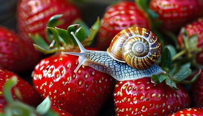 snail perched on vibrant red strawberry in natures embrace