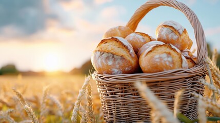 A woven basket filled with round, crusty bread rolls sitting in a sunlit golden wheat field under a soft, cloudy sky, evoking a sense of peace and abundance.