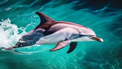 Wall Mural - Graceful dolphin gliding through crystal clear tropical waters, shimmering under the sun in a vibrant paradise