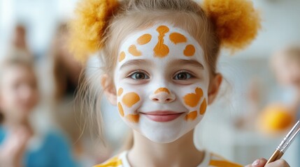 Wall Mural - A young girl with vibrant orange and white face paint and fluffy hair buns smiles cheerfully, embodying creativity and fun at a face painting event indoors.