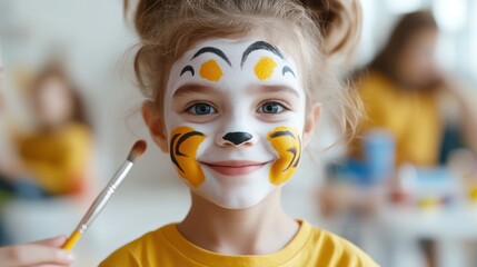 A smiling girl with playful animal-themed face paint and fluffy hair buns grins at the camera, radiating childlike joy and creativity in a lively atmosphere.