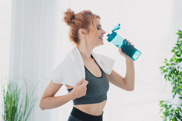 Canvas Print - Photo of athletic pretty woman wearing activewear doing physical exercises from home living room daylight indoors