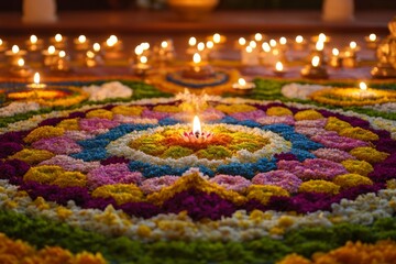 a colorful onam pookalam with intricate designs and patterns made from flowers, surrounded by diyas and lanterns, in a traditional indian setting