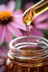 Canvas Print - Echinacea essential oil drips into the jar. Selective focus