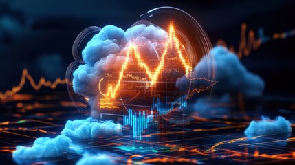 Poster - Digital stock market graph ascending into the clouds, symbolizing economic growth