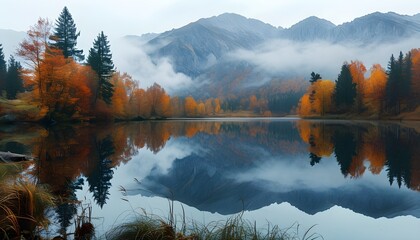 Wall Mural - Serene autumn vista with misty mountains mirrored in a calm lake, embodying the beauty of nature and seasonal transitions