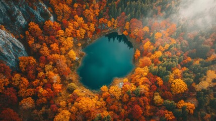 Wall Mural - Aerial View of a Lake Surrounded by Autumn Foliage