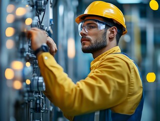 A focused worker in a safety helmet operates machinery in an industrial setting, showcasing dedication and professionalism.