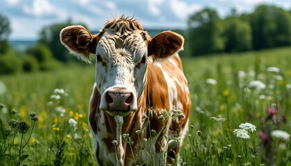 Curious cow gazing from vibrant green field filled with wildflowers