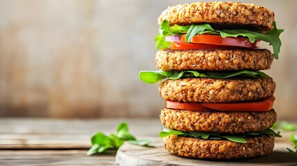 Stacked veggie burgers on wooden table