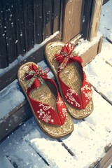 a crisp, detailed close-up of japanese geta sandals with festive decorations, resting on a snowy porch illustration