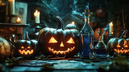 Wall Mural - A spooky carved pumpkin with glowing eyes on a cluttered table, perfect for Halloween-themed decorations and festivities.