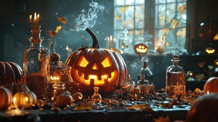 Wall Mural - A spooky carved pumpkin with glowing eyes on a cluttered table, perfect for Halloween-themed decorations and festivities.