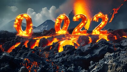 Wall Mural - Bold and Fiery New Year Celebration with Glowing 2025 in Molten Lava on Rugged Volcanic Rock Background