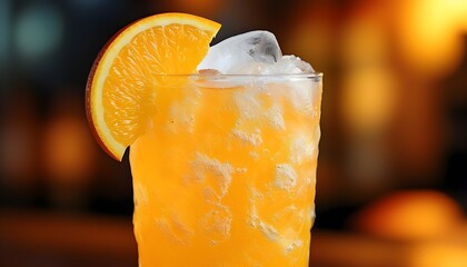 Wall Mural - Refreshing glass of orange soda on ice garnished with a citrus slice