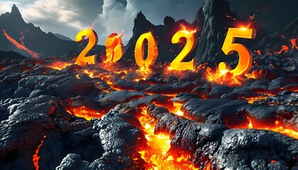 Wall Mural - Bold and Fiery New Year Celebration with Glowing 2025 in Molten Lava on Rugged Volcanic Rock Background