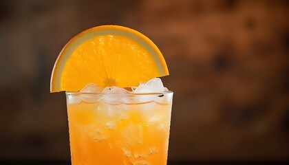 Refreshing glass of orange soda on ice garnished with a citrus slice