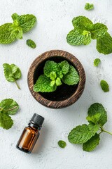 Wall Mural - peppermint essential oil and mortar. Selective focus