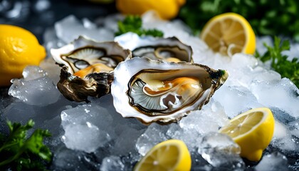 Wall Mural - Fresh oysters on ice garnished with zesty lemon wedges